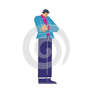Vector doodle isolated illustration business man in suit looking at his watch frustrated, Man waiting for someone