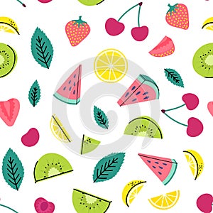 Vector doodle lemon, kiwi, watermelon, cherry and strawberry summer fruits pattern. Seamless background for vacation