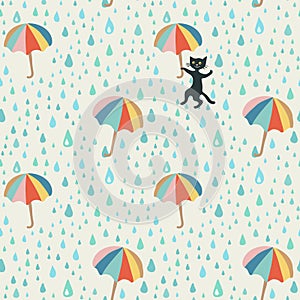 Vector doodle pattern with rain drop, flying umbrellas and mischievous black cat. Beautiful abstract pattern, season