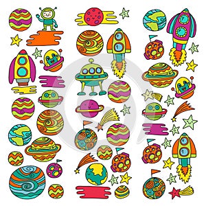 Vector doodle pattern with space icons. Children, kindergarten illustration. Kids drawing style