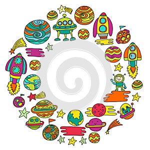 Vector doodle pattern with space icons. Children, kindergarten illustration. Kids drawing style