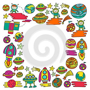 Vector doodle pattern with space icons. Children, kindergarten illustration. Kids drawing style