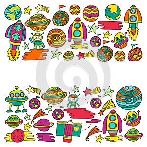 Vector doodle pattern with space icons. Children, kindergarten illustration. Kids drawing style