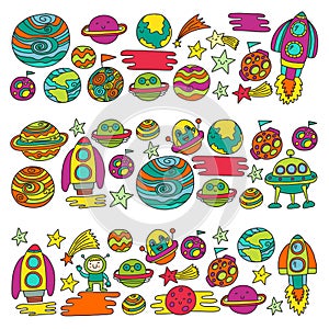 Vector doodle pattern with space icons. Children, kindergarten illustration. Kids drawing style