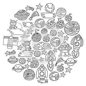 Vector doodle pattern with space icons. Children, kindergarten illustration. Kids drawing style