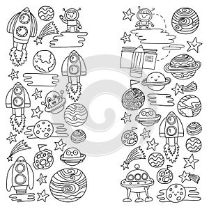 Vector doodle pattern with space icons. Children, kindergarten illustration. Kids drawing style