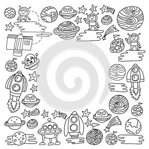 Vector doodle pattern with space icons. Children, kindergarten illustration. Kids drawing style