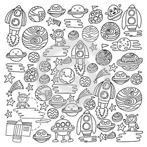 Vector doodle pattern with space icons. Children, kindergarten illustration. Kids drawing style