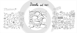 Vector doodle pirate, toys, speach bubbles sets. A map with a hand-drawn sketch of a mermaid ship and pirate items
