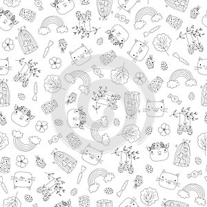 Vector doodle seamless pattern with easter design: bunny, plants, animals, bird cage, rainbow, flowers, eggs, jar, hearts.