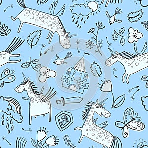 Vector doodle seamless pattern with magic unicorns