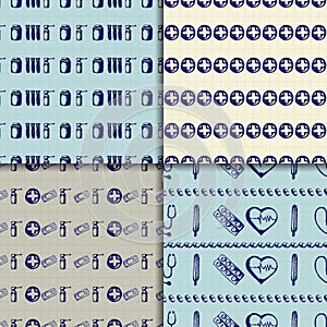 Vector doodle seamless pattern. Medicine icons set
