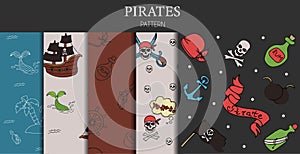 Vector doodle set of pirate seamless patterns. A map with a hand-drawn sketch of a mermaid ship and pirate items