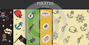 Vector doodle set of pirate seamless patterns. A map with a hand-drawn sketch of a mermaid ship and pirate items