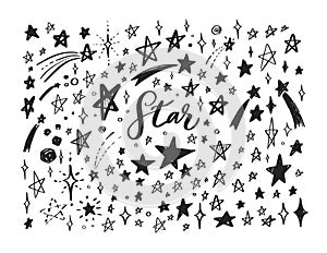 Vector doodle set of stars. Hand drawn sketch styled elements. Isolated objects. Background