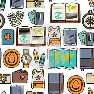 Vector doodle set with travel icons Adventure Explore Camera Passport Ticket Map Backpack Doodle seamless pattern