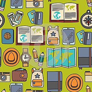 Vector doodle set with travel icons Adventure Explore Camera Passport Ticket Map Backpack Doodle seamless pattern