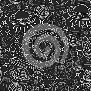 Vector doodle space pattern. Earth, Moon, Jupiter, Sun, Saturn.