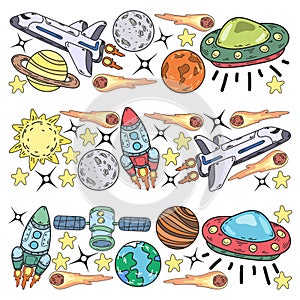 Vector doodle space pattern. Earth, Moon, Jupiter, Sun, Saturn.