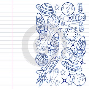 Vector doodle space pattern. Earth, Moon, Jupiter, Sun, Saturn.