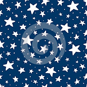 Vector Doodle Star Blue Seamless Pattern. Cute kid hand drawn stars print on dark blue background. Night Sky and space