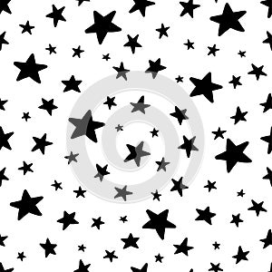 Vector Doodle Star Seamless Pattern. Cute sketch hand drawn stars print on white background. Night sky and space texture