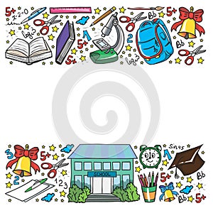 School pattern. Vector doodle style icons. Mathematis, astronomy, geography, biology, physics.