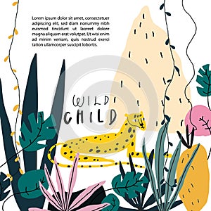 Vector doodle style illustration cartoon character leopard, jungle plants