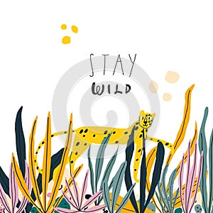 Vector doodle style illustration Cartoon leopard in jungle leaves and plants