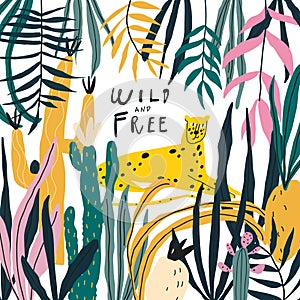 Vector doodle style leopard, exotic plants, jungle leaves, handwritten quote