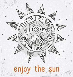 Vector doodle sun on postcard. Vector. The image of the sun with the inscription.