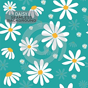 Vector doodle white daisy flower pattern on pastel mint green background, seamless background