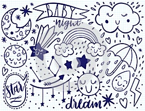 Vector dooodle sketch kids set. Hand dreawn style. Baby wreath cloud,moon,sun,rainbow,cloud.