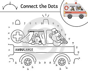 Vector dot-to-dot activity with ambulance and cute animals. Connect the dots game. Bear doctor driving emergency car with ill