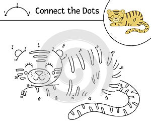 Vector dot-to-dot activity with cute animal. Connect the dots game. Tiger line drawing. Funny tropical coloring page