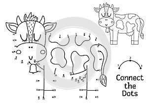 Vector dot-to-dot and color activity with cute cow. On the farm connect the dots game for children with funny farm animal. Rural