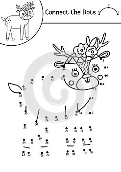 Vector dot-to-dot and color activity with cute deer. Spring holiday connect the dots game for children with funny forest animal.