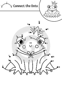 Vector dot-to-dot and color activity with cute frog prince. Magic kingdom connect the dots game for children with fantasy creature