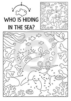 Vector dot-to-dot and color activity with cute hermit crab hidden in landscape. Under the sea connect the dots game for children