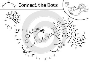 Vector dot-to-dot and color activity with cute squirrel hunting acorn. Forest connect the dots game for children with animal.