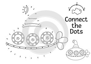 Vector dot-to-dot and color activity with cute submarine. Under the sea connect the dots game for children with funny boat. Ocean