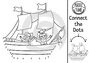 Vector dot-to-dot and color activity with Mayflower ship and pilgrims. Thanksgiving historical connect the dots game or coloring