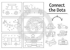 Vector dot-to-dot and color activity set with cute car, boat, plane, bus, tram. Transportation connect the dots games collection