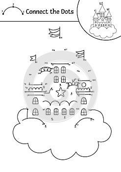 Vector dot-to-dot and color activity with unicorn castle on cloud. Fairytale connect the dots game for children with cute fantasy