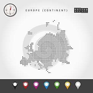 Vector Dots Map of European Continent. Simple Silhouette of Europe. Realistic Vector Compass. Multicolored Map Pins