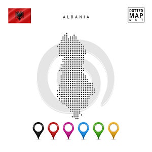 Vector Dotted Map of Albania. Simple Silhouette of Albania. National Flag of Albania. Set of Multicolored Map Markers