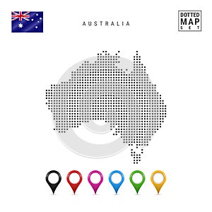 Vector Dotted Map of Australia. Simple Silhouette of Australia. National Flag of Australia. Multicolored Map Markers Set