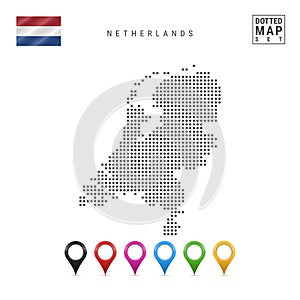 Vector Dotted Map of Netherlands. Simple Silhouette of Netherlands. Flag of Netherlands. Set of Multicolored Map Markers