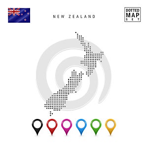 Vector Dotted Map of New Zealand. Simple Silhouette of New Zealand. Flag of New Zealand. Set of Multicolored Map Markers