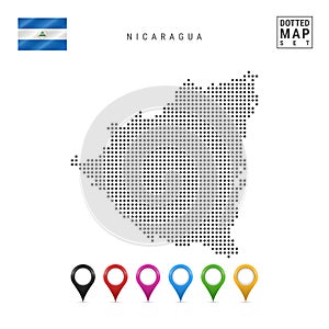 Vector Dotted Map of Nicaragua. Simple Silhouette of Nicaragua. National Flag of Nicaragua. Multicolored Map Markers Set